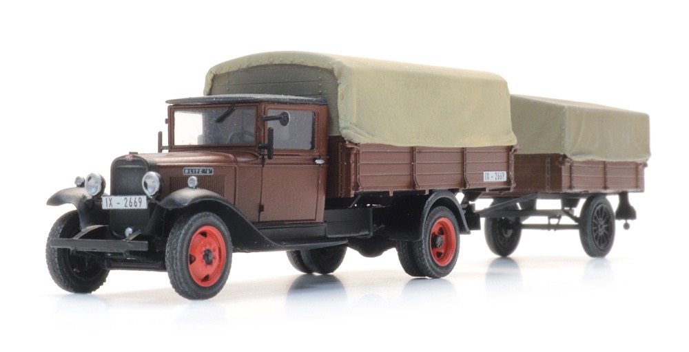 Opel Blitz 6 Pritschenwagen und Anhänger mit Plane Modell von Artitec 1:87