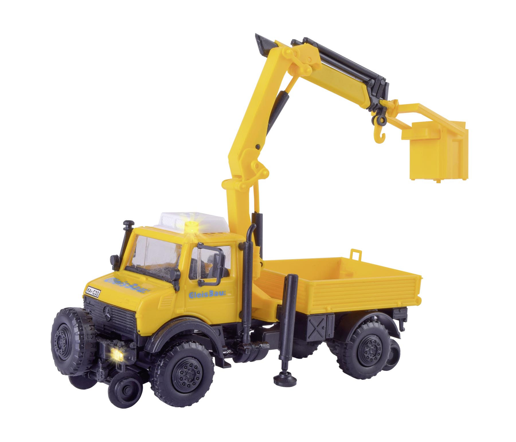 Zweiwege UNIMOG GleisBau mit Arbeitskran und Korb - Funktionsbausatz Modell von kibri 1:87