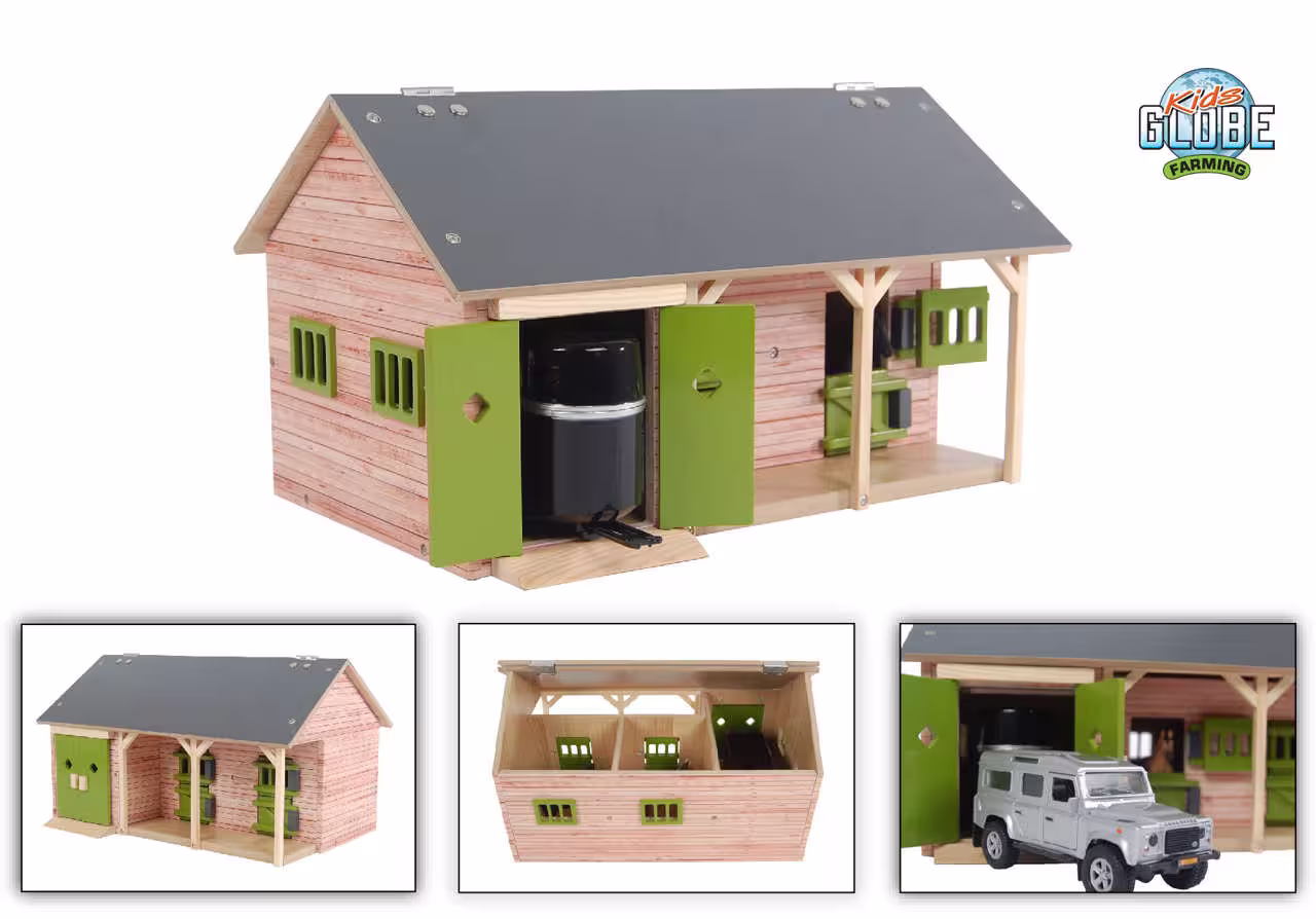 Der Pfer­de­stall be­steht aus Holz ist mit zwei Pfer­de­bo­xen und einem Stau­raum aus­ge­stat­tet. Das Dach ist auf­klapp­bar sodass die Kinder auch im Stall spie­len können. Bitte beachten Sie, dass dieser Spielzeug-Stall ohne die abgebildeten Spielzeu