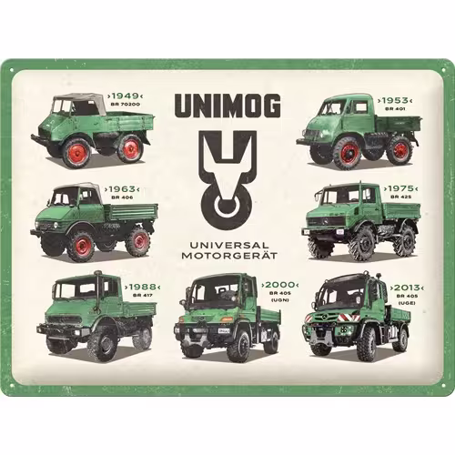 SA76474-1 Artikelname: Blechschild Daimler Truck - Unimog Model Chart Originalhersteller: Mercedes-BenzUnimog von Nostalgic-Art Hersteller-Nr: 23382