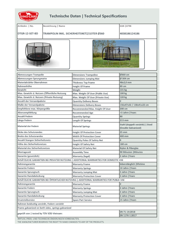 Dino Cars Trampolin inkl. Sicherheitsnetz/Leiter 360 cm