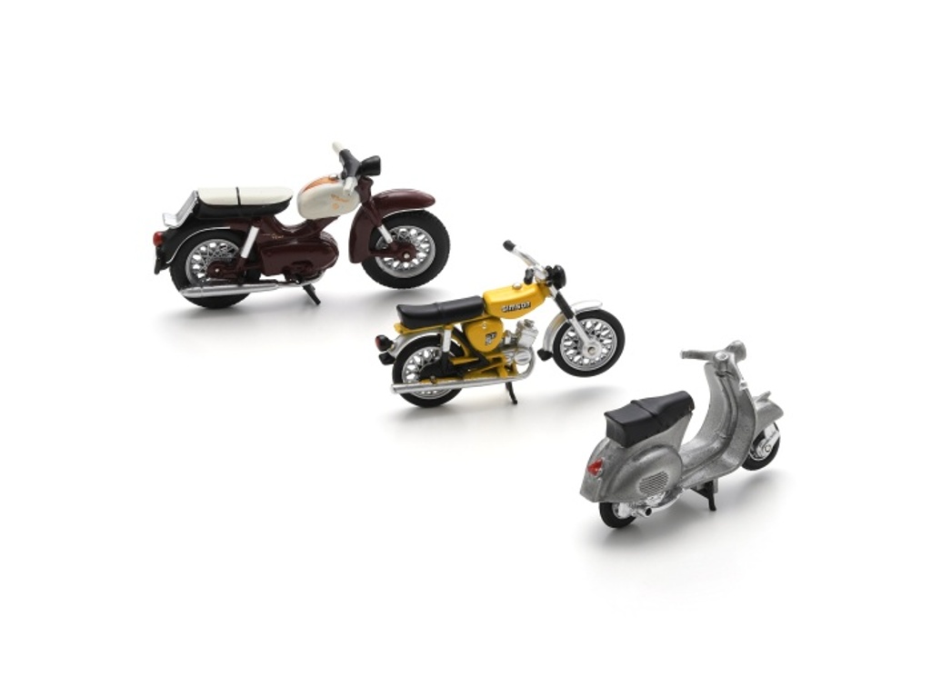 Motorräder-Set mit Kreidler Florett Super Vespa GS  und Simson S51 Modell von Schuco 1:43
