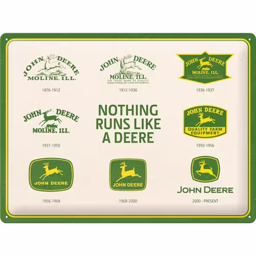 SA76473-1 Artikelname: Blechschild John Deere - 150 Jahre Logo Evolution Originalhersteller: John Deere von Nostalgic-Art Hersteller-Nr: 23383