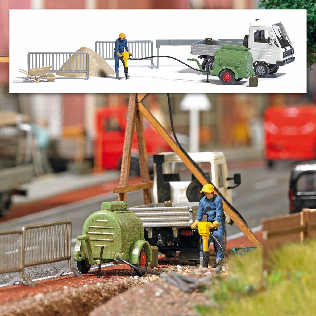 Komplett-Set Multicar Kompressor mit Presslufthammer Modell von Busch 1:87