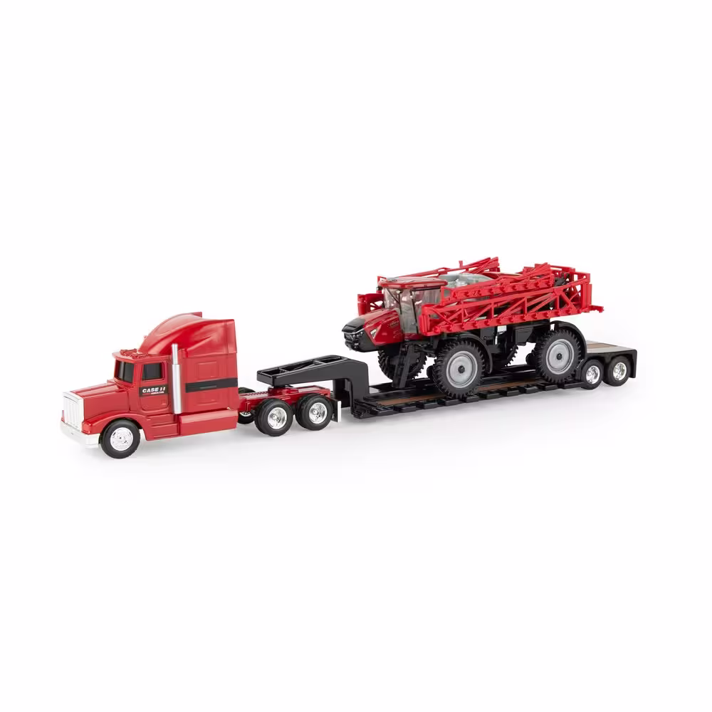 Sattelzug mit Tieflader und Case IH Patriot 4350 Spritze schwarz  Modell von Ertl  eilbote-onlineshop - Agrarfox