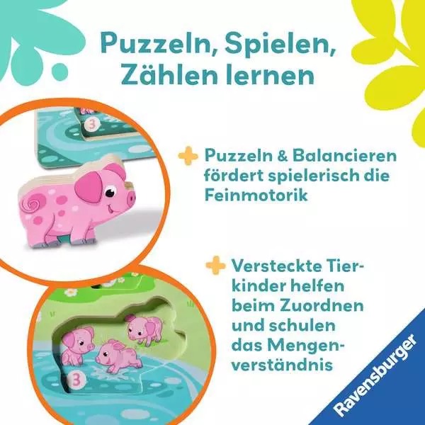 Magnetisches Holz-Zähl-Puzzle Bauernhof mit Griff und 6 magnetischen Puzzleteilen 