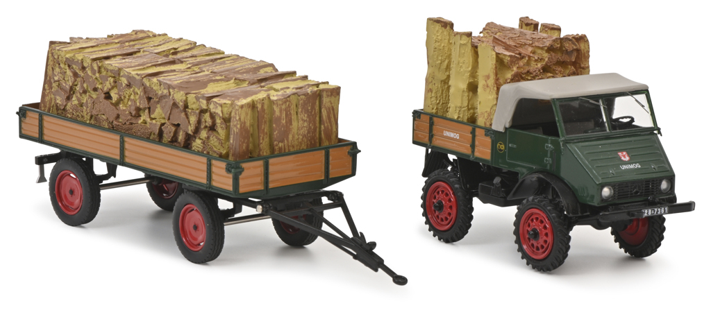 MB Unimog 401 mit Anhänger und Holzladung Modell von Schuco 1:43