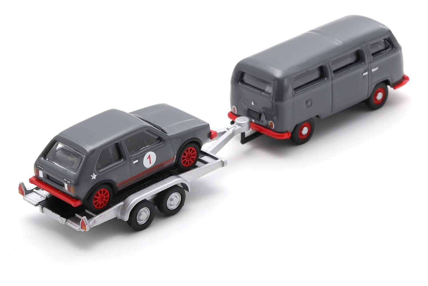 VW T2 Bus mit Anhänger und VW Golf I GTI Modell von Schuco 1:87