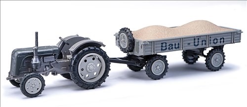 Famulus Bau Union mit Anhänger und Kiesladung Modell von Busch 1:87