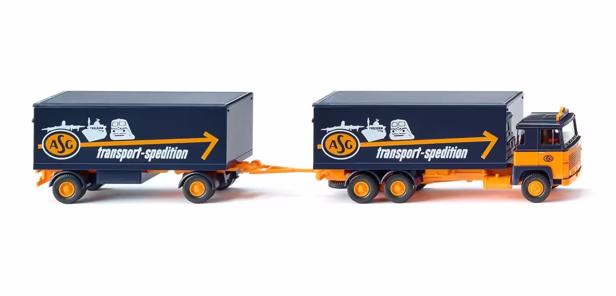 MA76544-1 Artikelname: Kofferhängerzug (Scania 111) "ASG" Originalhersteller: Scania von Wiking im Maßstab: 1:87 Hersteller-Nr: 045703