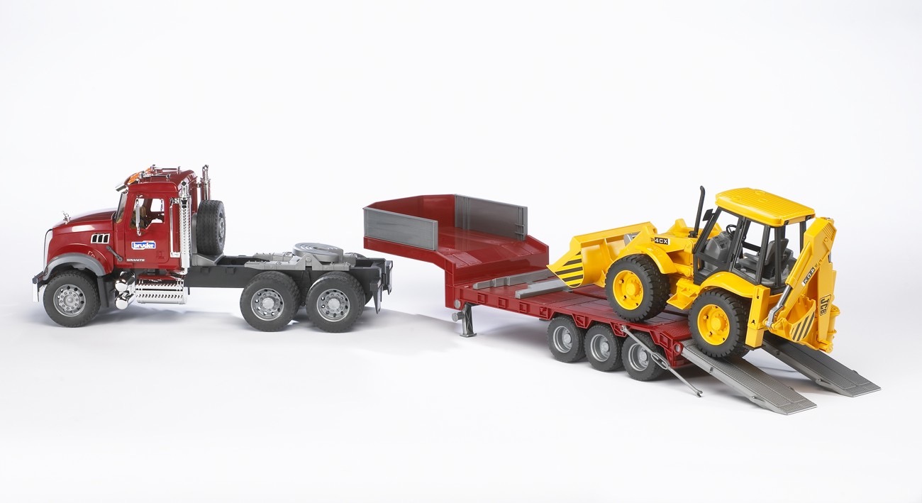 MACK Granite LKW mit Tieflader und JCB 4CX Baggerlader Modell von Bruder 1:16
