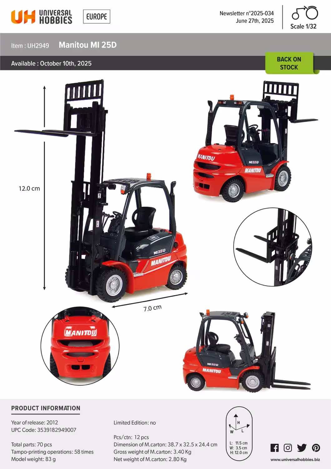 Manitou MI 25D Modell von Universal Hobbies 1:32 eilbote-onlineshop - Agrarfox