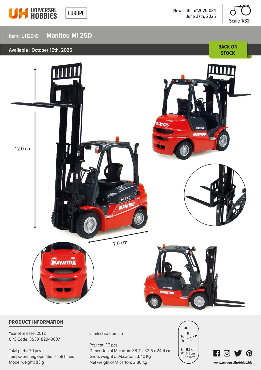 Manitou MI 25D Modell von Universal Hobbies 1:32