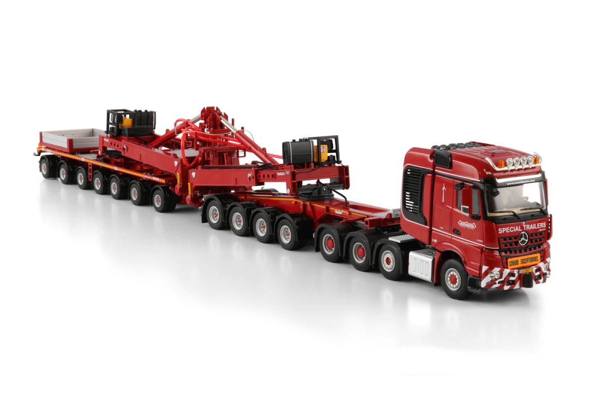 Nooteboom Red Line Mercedes Benz Arocs MP4 SLT Big Space 8x4 Windrad-Anhänger mit 4 Achsen Dolly Modell von Wsi Models 1:50