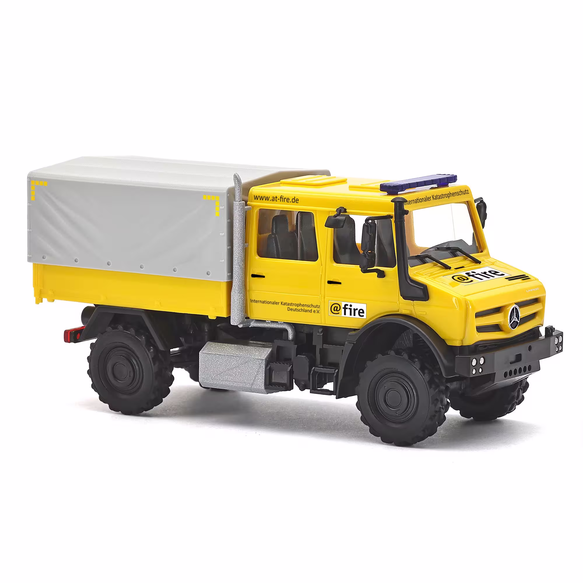 MA76361-1 Artikelname: Mercedes-Benz Unimog U5023 Doppelkabine, Fire, Internationaler Katastrophenschutz Originalhersteller: Unimog Modelltyp: U5023 von Busch im Maßstab: 1:87 Hersteller-Nr: 51088