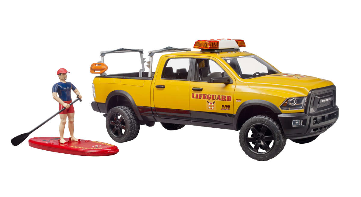 RAM 2500 Power Wagon Life Guard mit Figur + Stand Up Paddle und Licht und Sound Modul Modell von Bruder 1:16