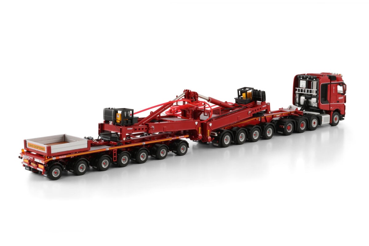 Nooteboom Red Line Mercedes Benz Arocs MP4 SLT Big Space 8x4 Windrad-Anhänger mit 4 Achsen Dolly Modell von Wsi Models 1:50