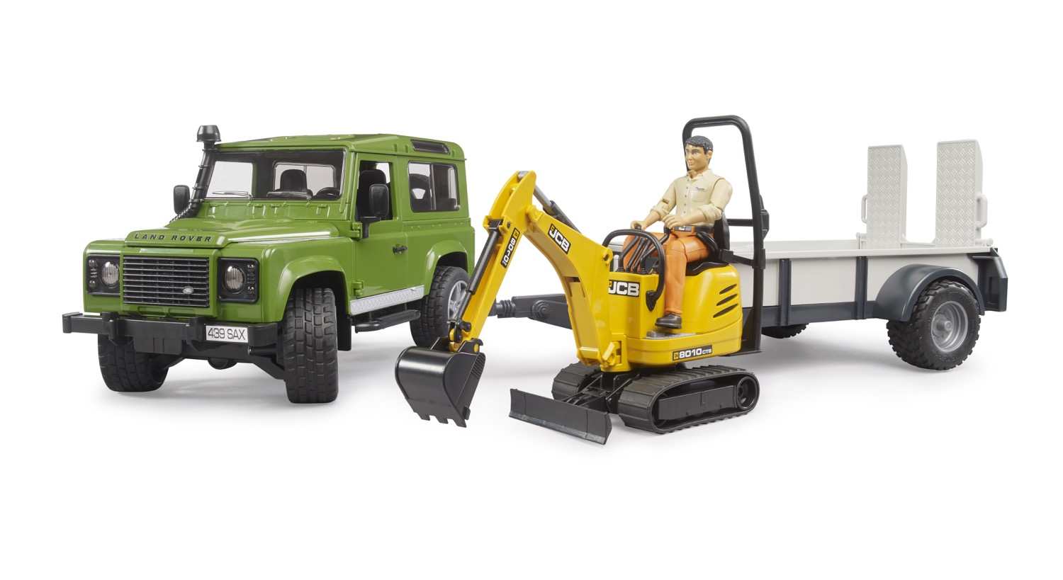 Land Rover Defender Station Wagon mit Einachsanhänger - JCB Mikrobagger 8010 CTS und Bauarbeiter Modell von Bruder 1:16
